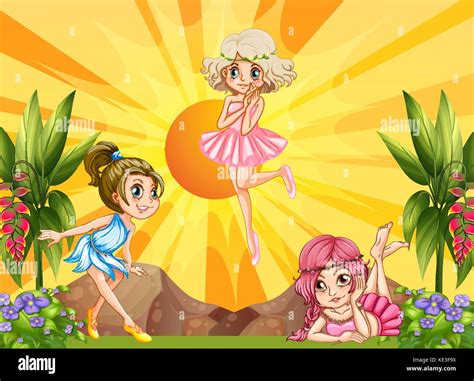 Three Fairies Flying In The Garden Illustration Stock Vector Image