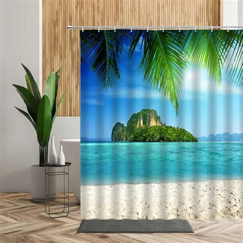 Green Tropical Plants Shower Curtain Beach Coconut Trees Bathroom Bath