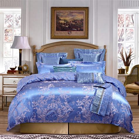 Navy Blue Luxury Floral Days Silk Jacquard Bedding Tencel Cotton