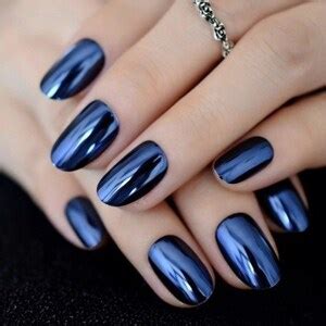 Glue On Press On Nails Medium Long Oval Dark Blue Chrome Etsy