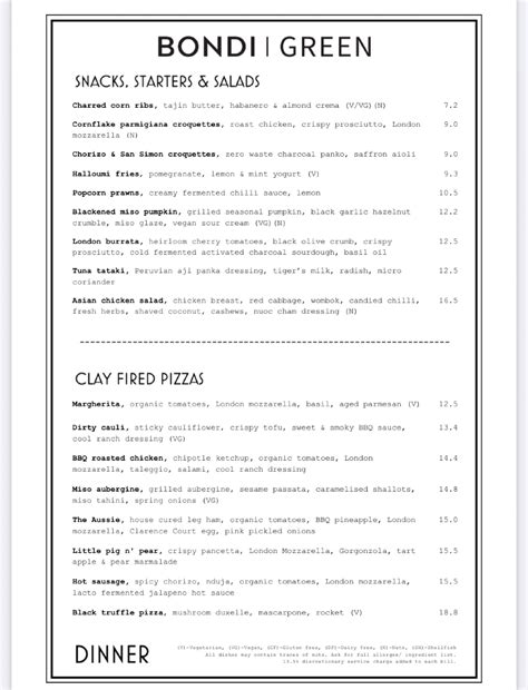 Bondi Green London's full menu online