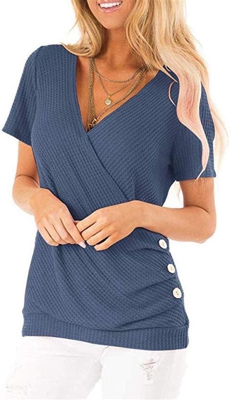 Womens Cross Front Deep V Neck Ruched Puff Top Short Sleeve Waffle Knit Shir Women Shirts