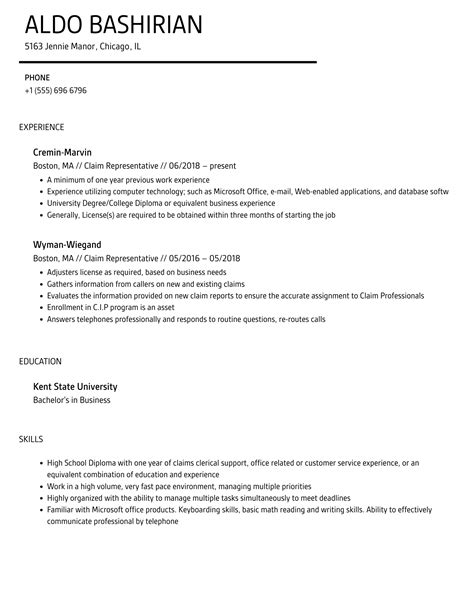 Claim Representative Resume Samples | Velvet Jobs