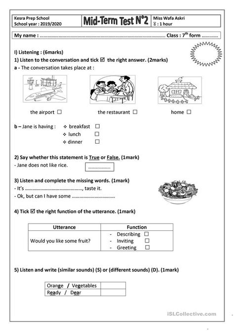 Mid Term Test N°2 7th Form English Esl Worksheets For Distance