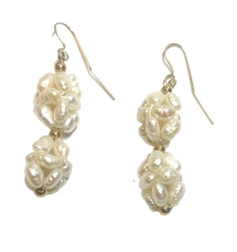 Vintage 14k Yellow Gold Pearl Cluster Dangle Earrings Gem