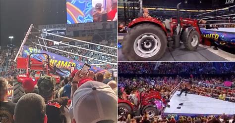 Wwe Summerslam Brock Lesnar Lifts The Ring With A Tractor During Roman