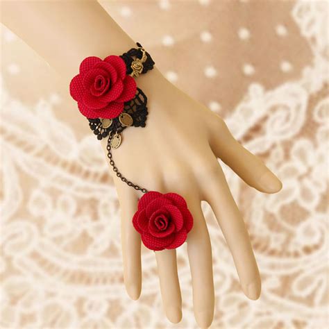 Victorian Gothic Black Lace Wristband Red Rose Embellishment Bracelet