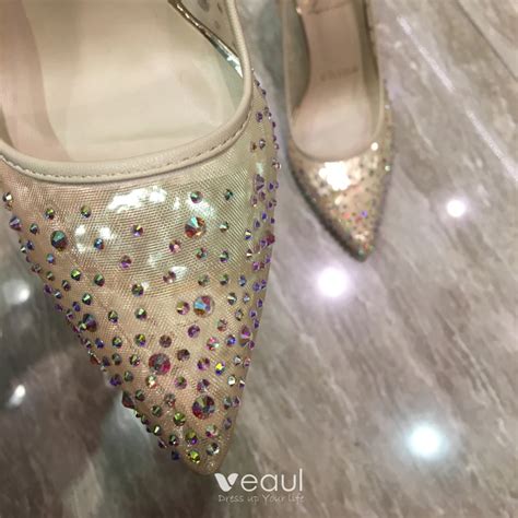 Chic Beautiful Nude Prom Pumps 2018 Rhinestone Sequins Leather 10 Cm Stiletto Heels Pointed