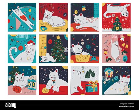 Hand Drawn Christmas Elements Advent Calendar With Cat Cute Mini