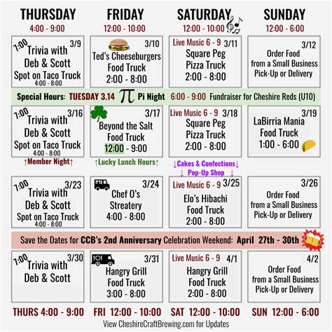 Printable Food Truck Calendar Cheshire Craft Brewing