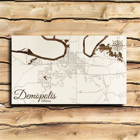 Demopolis Al Wooden Street Map Burnt Laser Cut Wall Art