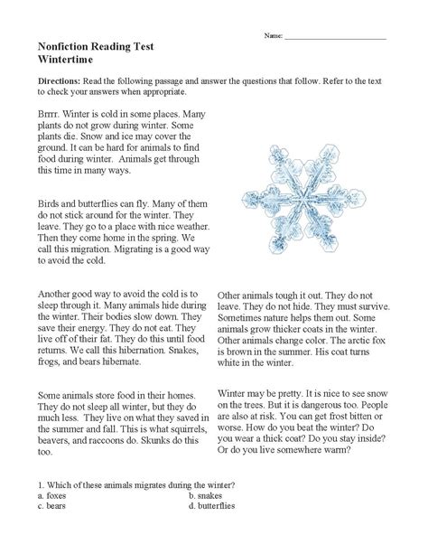 Winter Reading Comprehension Worksheets Reading Worksheet Printable