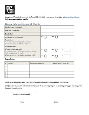 Fillable Online Hoja De Informacin Para Mi Planilla