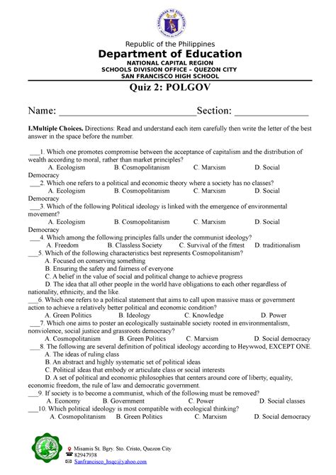 QUIZ 2 Polgov Quiz For Shs Department Of Education NATIONAL CAPITAL