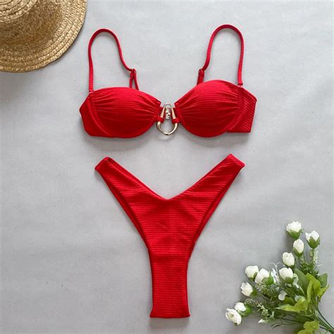Solid Color High Rise Bikini With Metal Accessories Tight And High Elastic Swimsuit With
