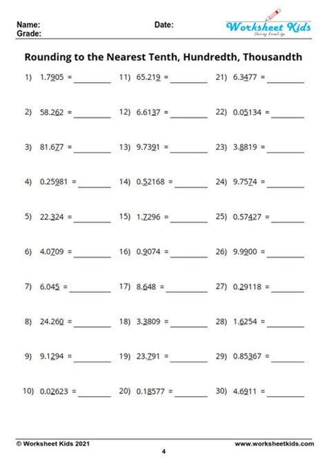 Round To The Nearest Tenth Worksheets Rounding Decimals Work