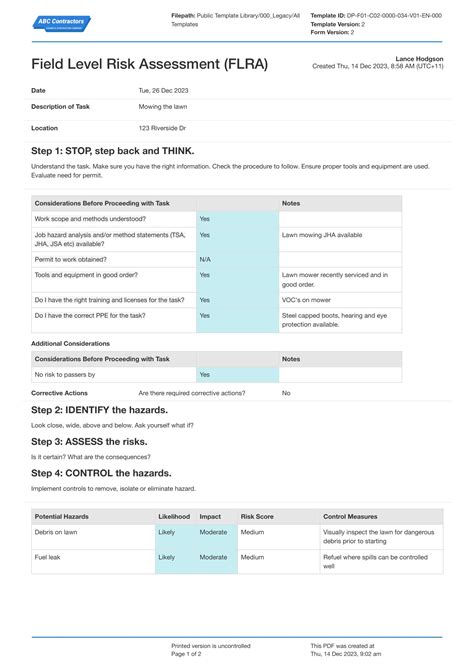 Field Level Risk Assessment Examples See An Example FLRA