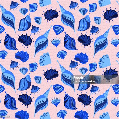 Blue Abstract Artistic Ocean Shells Seamless Pattern Colorful Sea Marine Printing Vector Hand