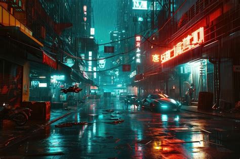 A Surreal Cyberpunk Cityscape At Twilight Where Neon Lights Reflect On