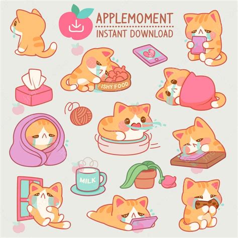 Cute Kawaii Printable Digital Stickers Clipart Animals Sad Kitty Cat ...