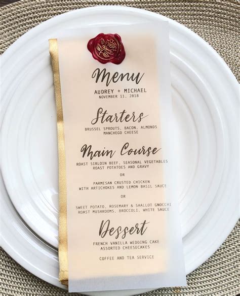 Vellum Wedding Menu Vellum Wedding Menu With Meal Choice Wax Seal