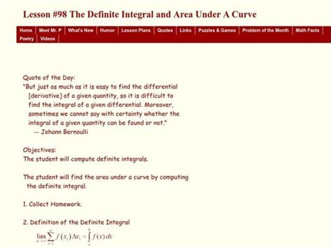 The Definite integral and Area Under a Curve Lesson Plan for 11th ...