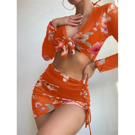 Maillot de bain imprimé quatre pièces bikini lacé manches longues chemise sexy vêtements