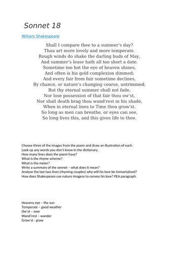 Sonnet 18 Poem And Questions Worksheet Teaching Resources