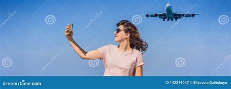 Woman Makes A Selfie On The Beach Watching The Landing Planes