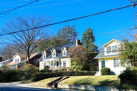 Residential street with single family homes in Takoma Park, MD