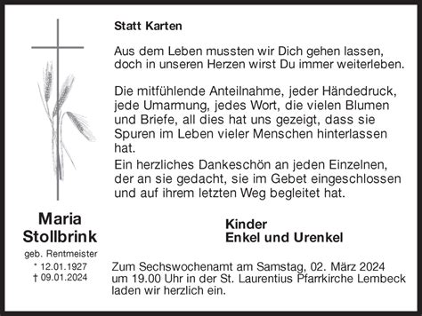 Traueranzeigen Von Maria Stollbrink Sich Erinnern De