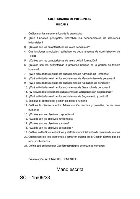 Adm350 2023 Cuestionario De Unidad 1 Cuestionario De Preguntas Unidad