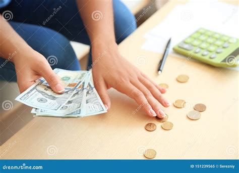 Young Woman Counting Money At Home Closeup Stock Image Image Of