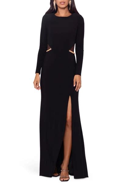 Xscape Illusion Cutout Long Sleeve Evening Gown In Black Gold Modesens