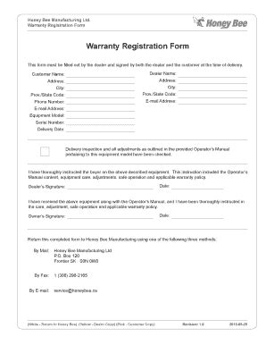 Fillable Online Honeybee Warranty Registration Form Honeybeeca Fax