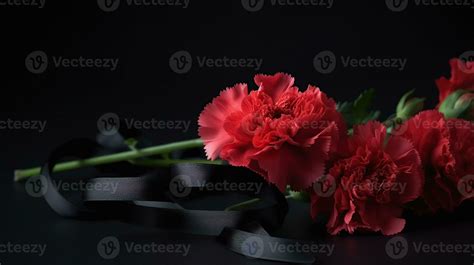 Black funeral ribbon with carnation flowers on dark background, AI ...