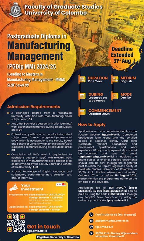 Postgraduate Diploma In Manufacturing Management Pgdip Mm 2024 25