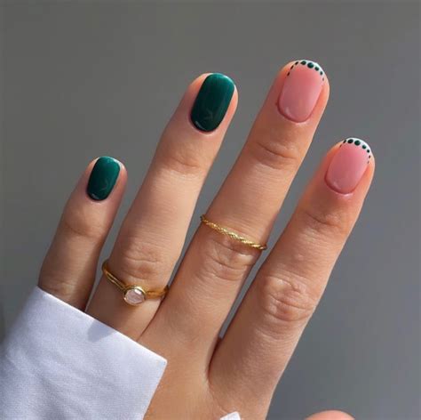 40 Cute Short Nail Designs For 2022 — Green Polish And Dot Tip Nails