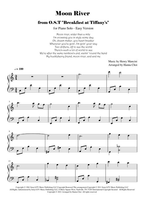 Moon River Arr Hanna Choi By Andy Williams Sheet Music For Easy