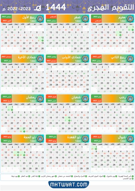 التقويم الهجري 1444 والميلادي 2022 موقع محتويات