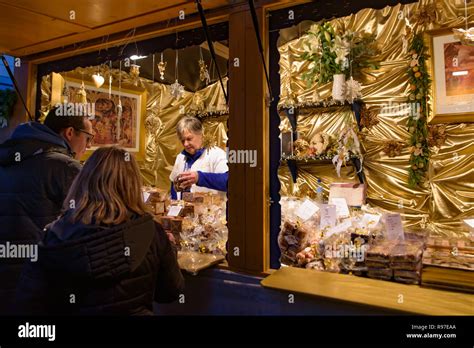 Stalls Of Traditional Food In Christmas Market In Strasbourg The