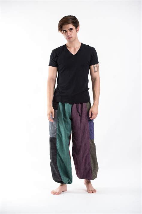 Mens Drawstring Patchwork Pinstripes Cotton Pants Harem Pants