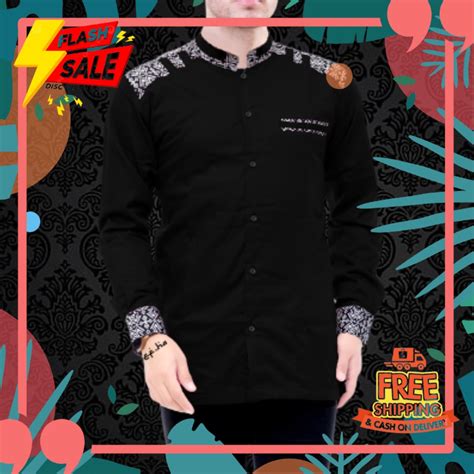 Jual Baju Kemeja Koko Pria Lengan Panjang Kombinasi Batik M L Xl