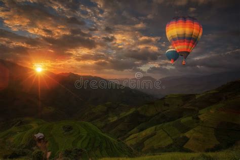 Hot Air Balloon Over Rice Field In Mu Cang Chai Stock Image Image Of