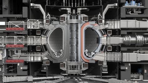 ITER Fusion Reactor. Tokamak. Thermonuclear Experimental power plant. Industrial zone with power ...