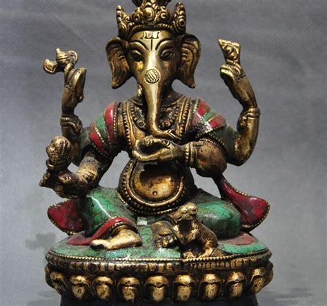 Old Tibet Bronze Inlay Turquoise Arms Ganesha Elephant Jambhala