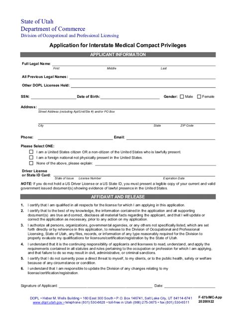 Fillable Online Dopl Utah Application For Interstate Medical Compact