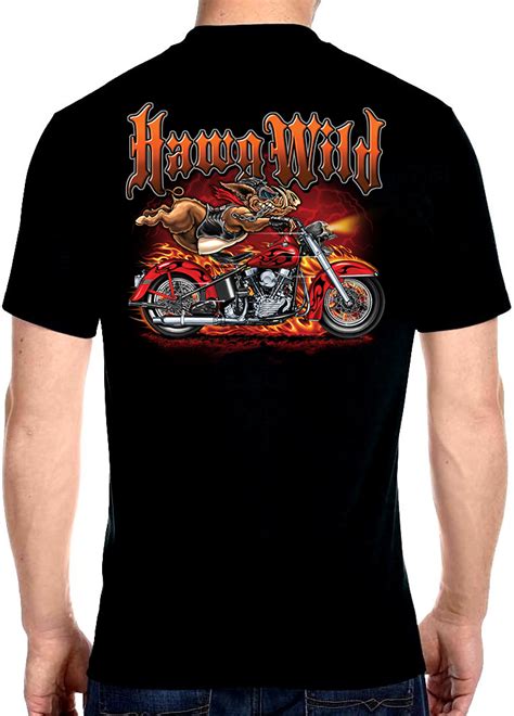 Mens Biker Hawg Wild Hog Motorcycle With Flames Biker T Shirt Leather