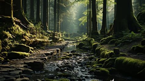 Um caminho através de uma floresta uma luz no chão e as árvores