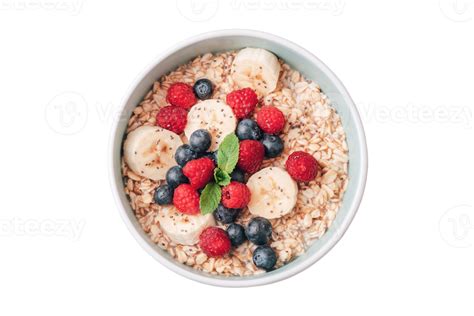 White Bowl With Oatmeal And Mix Fruit Isolated On A Transparent